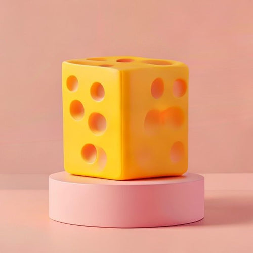 Giant Cheese Cube Squishy on pastel pink pedestal
