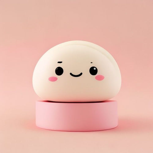 Chubby Dumpling Squishy on pastel pink pedestal