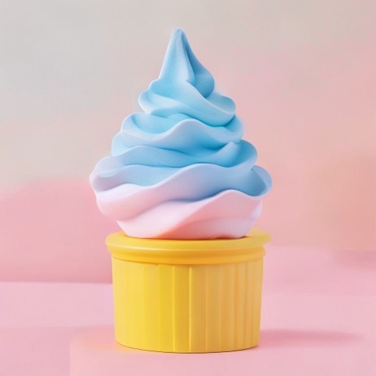Blue Swirl Ice Cream Cone Squishy on pastel pink pedestal